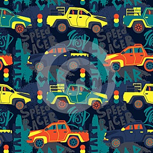 Abstract seamless cars pattern for boy on background. Childish style wheel auto repeated backdrop