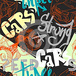 Abstract seamless cars pattern for boy on background. Childish style wheel auto repeated backdrop