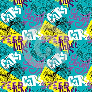 Abstract seamless cars pattern for boy on background. Childish style wheel auto repeated backdrop