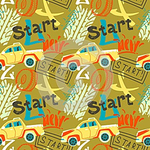 Abstract seamless cars pattern for boy on background. Childish style wheel auto repeated backdrop