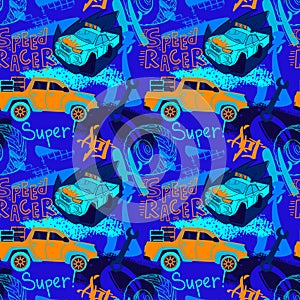 Abstract seamless cars pattern for boy on background. Childish style wheel auto repeated backdrop