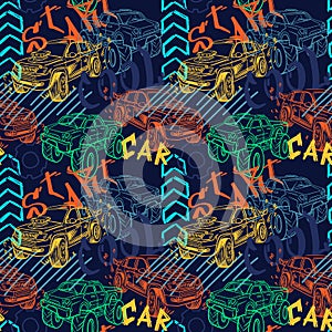 Abstract seamless cars pattern for boy on background. Childish style wheel auto repeated backdrop