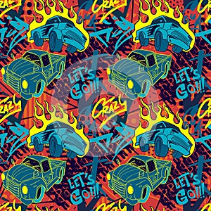 Abstract seamless cars pattern for boy on background. Childish style wheel auto repeated backdrop