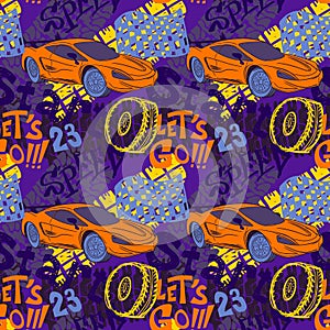 Abstract seamless cars pattern for boy on background. Childish style wheel auto repeated backdrop