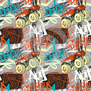 Abstract seamless cars pattern for boy on background. Childish style wheel auto repeated backdrop