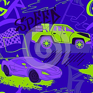 Abstract seamless cars pattern for boy on background. Childish style wheel auto repeated backdrop