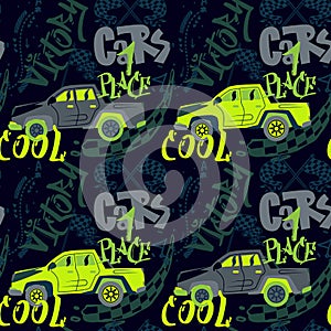 Abstract seamless cars pattern for boy on background. Childish style wheel auto repeated backdrop