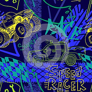 Abstract seamless cars pattern for boy on background. Childish style wheel auto repeated backdrop