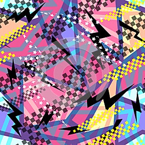 Abstract seamless chaotic pattern with urban geometric elements triangles. Grunge neon texture background.