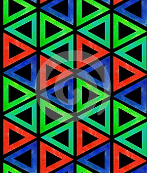 Abstract seamless dark pattern tile from multicolored red blue green triangles on a black background. Backdrop ornamental like