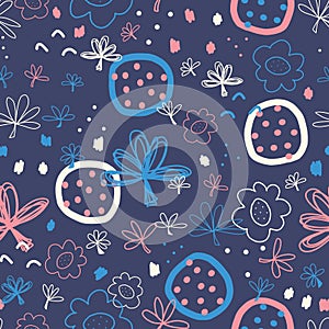 Abstract Seamless doodle vector pattern. Hand drawn shapes collage white blue pink. Modern pattern design with flowers