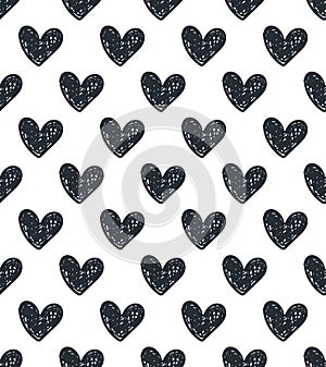 Abstract seamless drawing black heart pattern. Pattern with textured hearts on white background