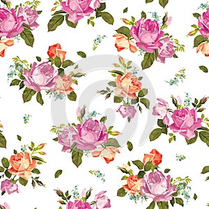 Abstract seamless floral pattern with pink and orange roses on w