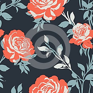 Abstract seamless floral pattern with red roses flowers. Floral design backdrop. AI illustration. For background