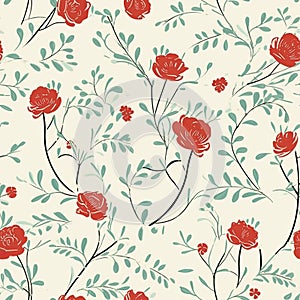 Abstract seamless floral pattern with red roses flowers. Floral design backdrop. AI illustration. For background