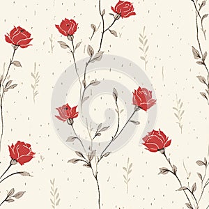 Abstract seamless floral pattern with red roses flowers. Floral design backdrop. AI illustration. For background