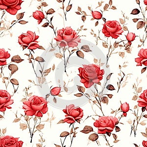 Abstract seamless floral pattern with red roses flowers. Floral design backdrop. AI illustration. For background