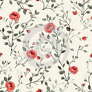Abstract seamless floral pattern with red roses flowers. Floral design backdrop. AI illustration. For background