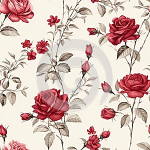 Abstract seamless floral pattern with red roses flowers. Floral design backdrop. AI illustration. For background