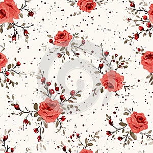 Abstract seamless floral pattern with red roses flowers. Floral design backdrop. AI illustration. For background