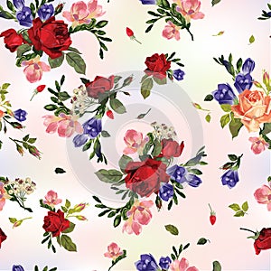 Abstract seamless floral pattern with red roses and pink and blu