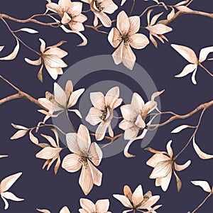 Abstract seamless floral pattern with of red roses and pink and blue freesia on black background.