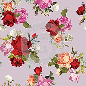 Abstract seamless floral pattern with white, pink, red and orange roses