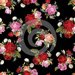 Abstract seamless floral pattern with white, pink, red and orange roses on black background