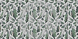 Abstract seamless forest pattern of Christmas trees, leaves, flowering plants and flowers on a light gray background in the Scandi