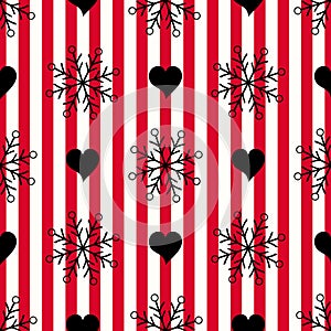 Abstract Seamless geometric Horizontal striped pattern with red and white stripes heart and snowflake. Vector illustration