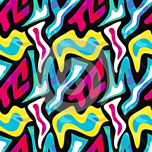 Abstract seamless geometric pattern with urban elements, scuffed, drops, sprays, triangles, neon spray paint. Grunge texture