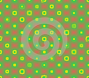 Abstract seamless green background with green and yellow and pink squares with stroke