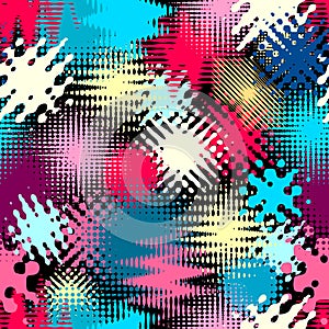 Abstract seamless grunge pattern with halftone elements.