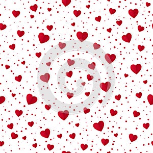Abstract seamless heart pattern background. Paper red hearts and dots isolated on white. Valentines Day background. Vector