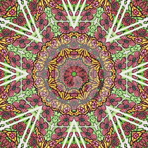 Abstract seamless kaleidoscopic pattern of hand drawn watercolor elements