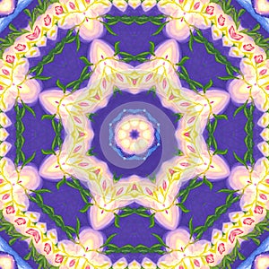 Abstract seamless kaleidoscopic pattern of hand drawn watercolor elements