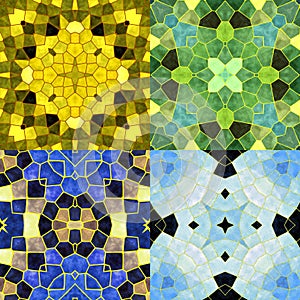 Abstract seamless kaleidoscopic patterns with stylized stars. Set of four seamless colorful mosaic backgrounds in the winter color
