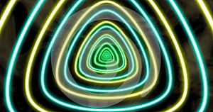 Abstract seamless loop blue and yellow neon futuristic tunnel in triangle form