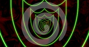 Abstract seamless loop green neon sci-fi futuristic tunnel in shield form.