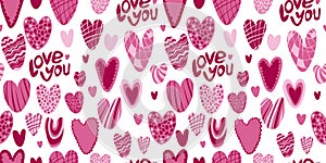 Abstract seamless love pattern. Valentines day wrapping paper. Girlish repeated backdrop with hearts in sketch style.