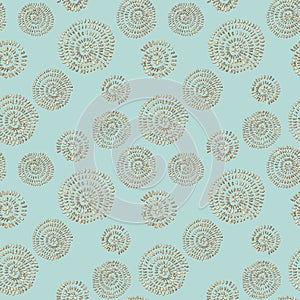 Abstract seamless pattern with 3d golden glittering acrylic paint round spiral circles on mint green background