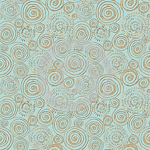 Abstract seamless pattern with 3d golden glittering acrylic paint round spiral circles on pastel green background