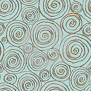 Abstract seamless pattern with 3d golden glittering acrylic paint round spiral circles on pastel green background