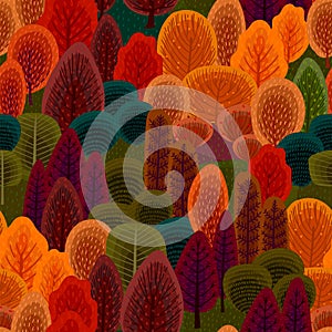 Abstract seamless pattern with autumn forest. Trees, bushes, grass, foliage.