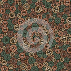 Abstract seamless pattern, background. Uniformly distributed disjoint geometric elements of different sizes. Colored rings with a