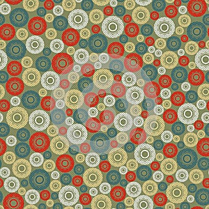 Abstract seamless pattern, background. Uniformly distributed disjoint geometric elements of different sizes. Colored rings with a