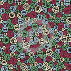 Abstract seamless pattern, background. Uniformly distributed disjoint geometric elements of different sizes. Colored rings with a