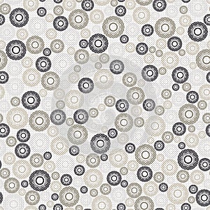 Abstract seamless pattern, background. Uniformly distributed disjoint geometric elements of different sizes. Colored rings with a photo