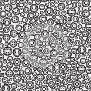 Abstract seamless pattern, background. Uniformly distributed disjoint geometric elements of different sizes. Rings with a pattern.