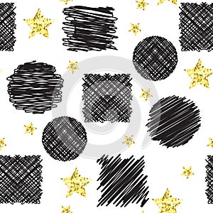 Abstract seamless pattern with black ink scribble circles and squares and stars